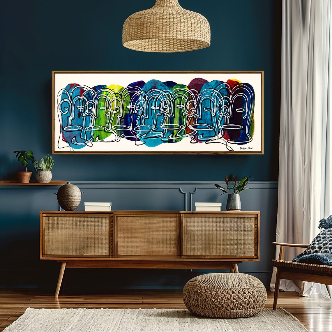 Crowd of Colorful Line Drawn Faces Extra Wide Abstract Poster - Image 5