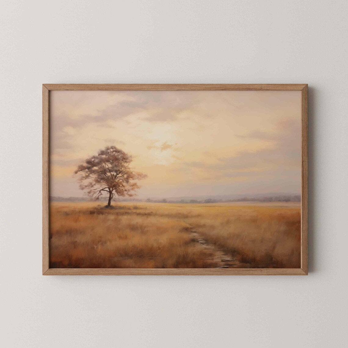 Lone Tree Golden Field Sunset Autumn Meadow Oil Painting Wall Art