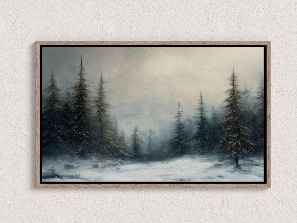 Moody Winter Pine Forest Snowy Woodland Landscape Painting Poster