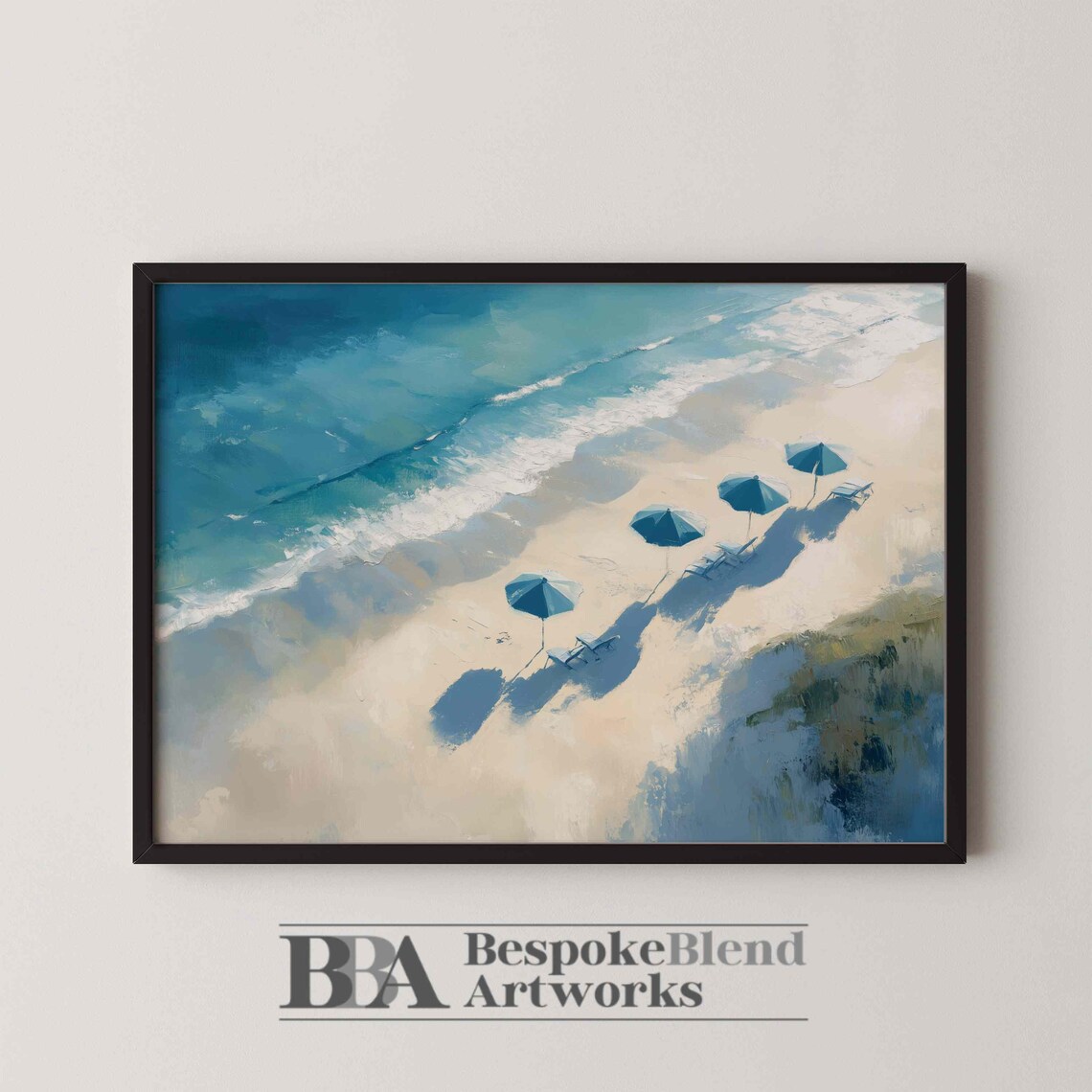 Blue Umbrellas Aerial Beach Painting Turquoise Waves Art Poster