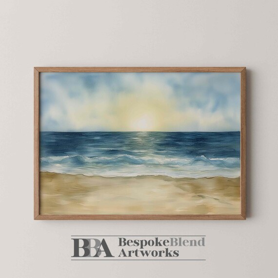 Ocean Sunrise Watercolor Painting Peaceful Beach Scene Art Poster