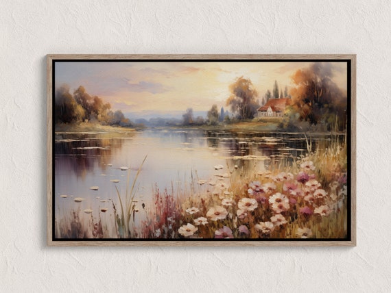 Serene Oil Painting Wildflowers Tranquil Lake Sunset Rustic House Vintage Style Landscape Art For Home Decor