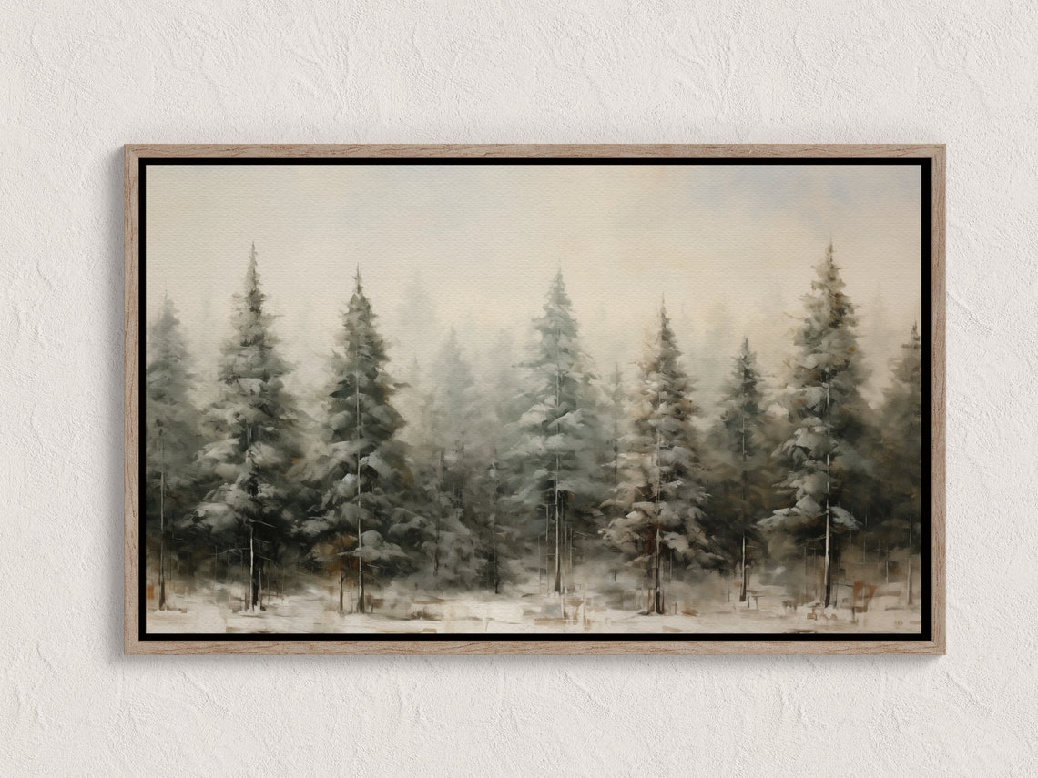 Cozy Misty Winter Pine Forest Snowy Landscape Oil Painting Poster