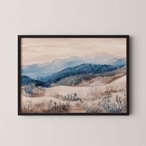 Watercolor Landscape Art Neutral Mountain Wall Decor Blue Beige Painting Boho Dunes Artwork Minimalist Nature Print