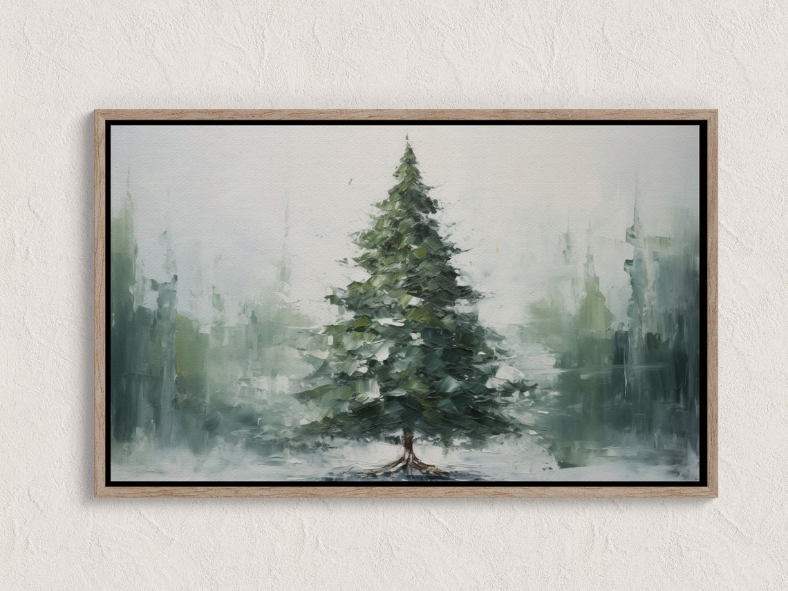 Lone Evergreen Tree In Snowy Mist Minimalist Winter Painting Poster