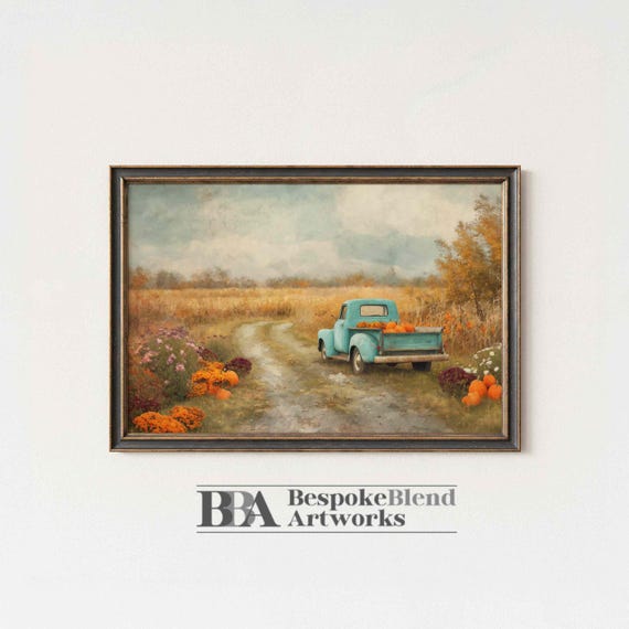 Wall Art Vintage Fall Truck Artwork Rustic Farmhouse Autumn Decor Pumpkin Patch Country Landscape Poster Instant