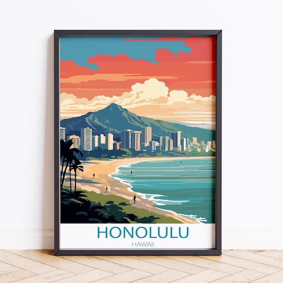 Honolulu Hawaii Waikiki Beach Diamond Head Sunset Travel Poster