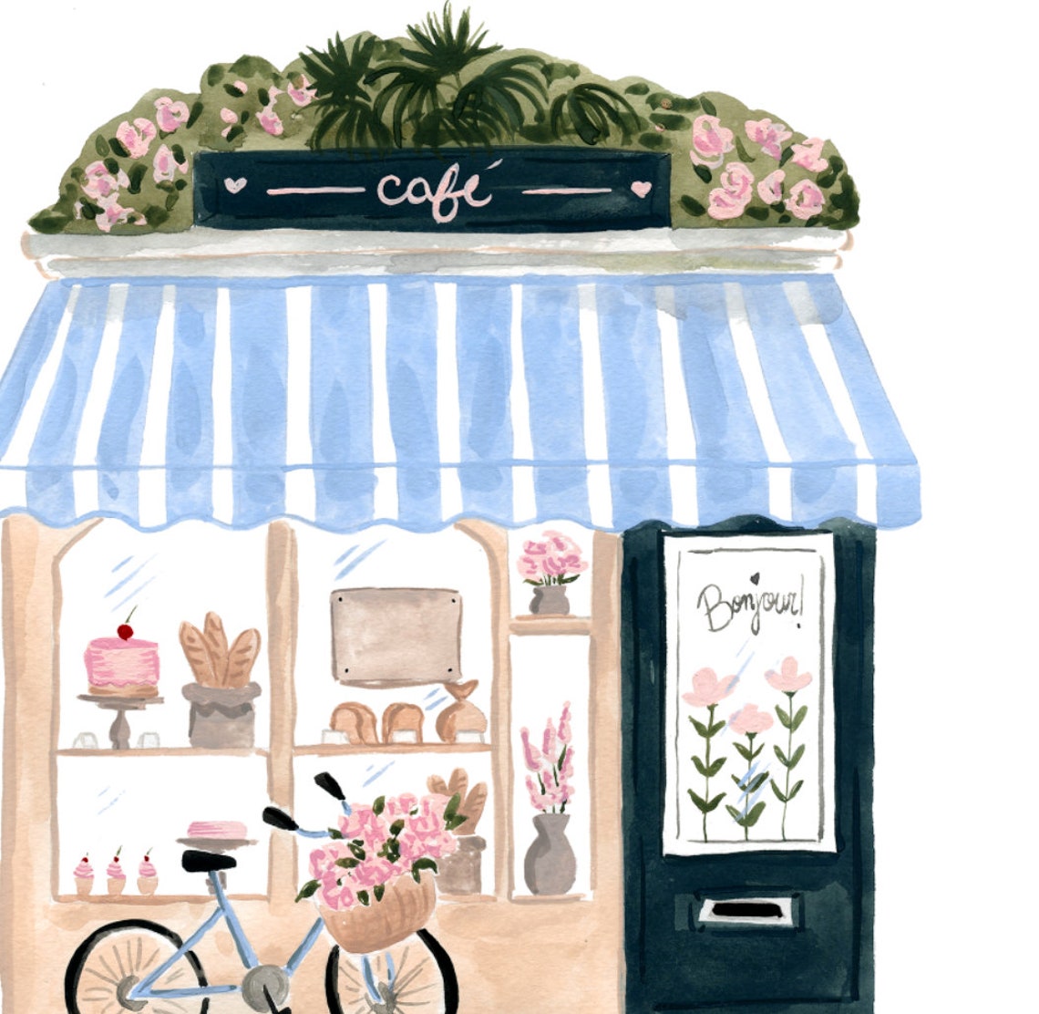 Parisian Cafe Art Print French Bakery Watercolor Painting Europe Travel Quaint Coffee Shop Bicycle And Flowers Sabina Fenn - Image 2
