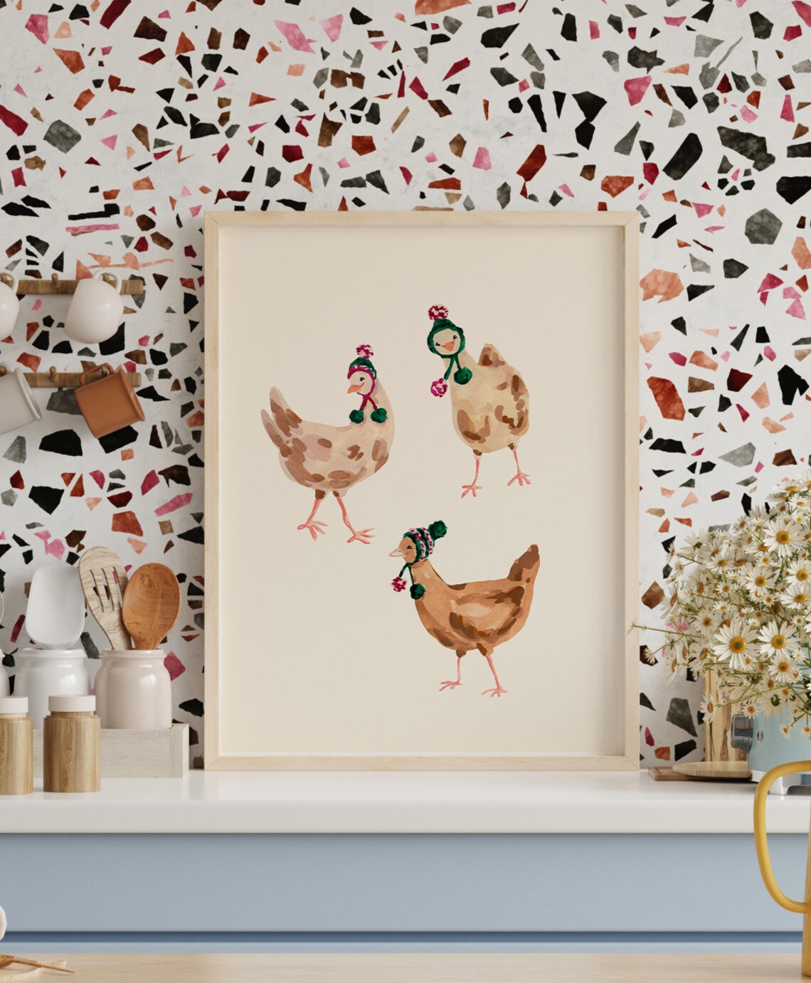 Farmhouse Chickens Wearing Hats, Winter Art Print - Image 2