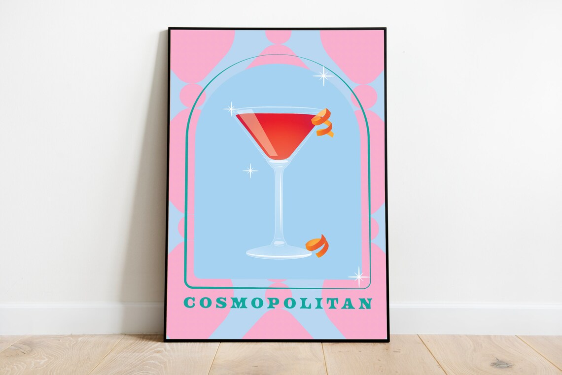 Cosmopolitan Retro Cocktail Bar Cart Colorful Kitchen Art Print