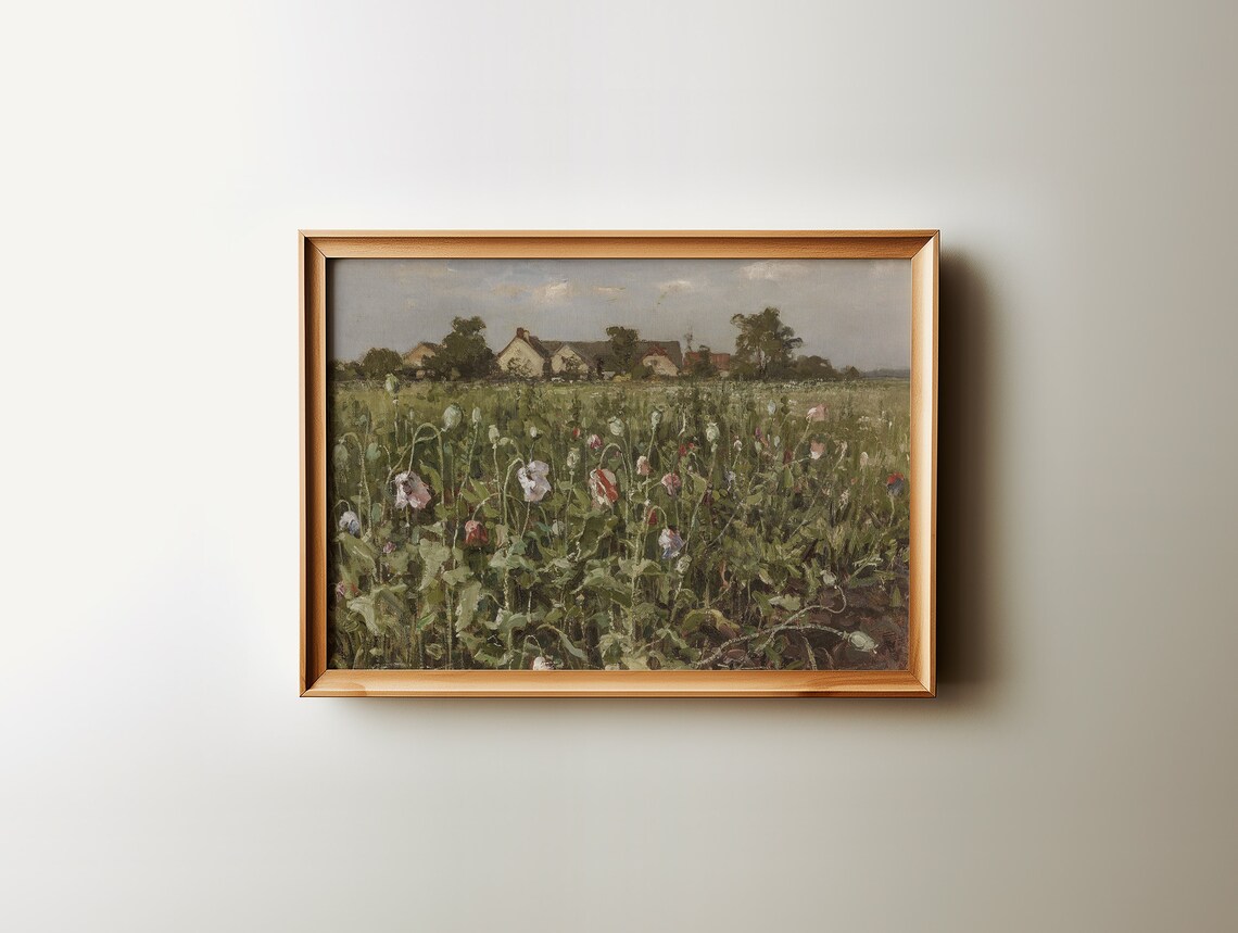 Vintage Poppy Field Countryside Farmhouse Oil Painting Print