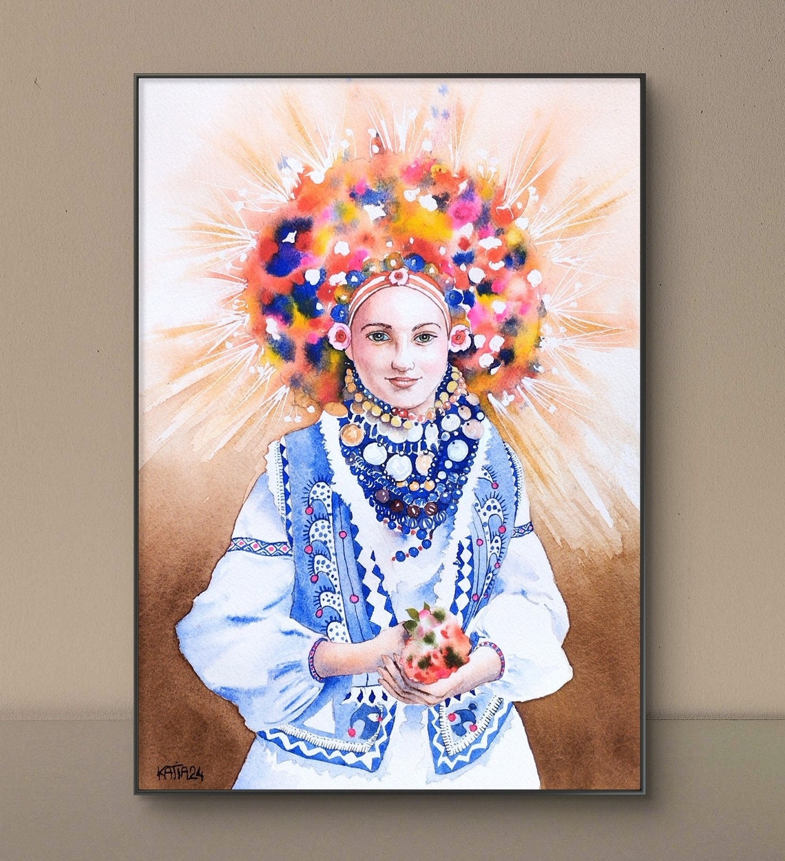 Painting Of Ukrainian Woman With Her Bouquet Of Flowers Original Watercolor Handmade Portrait Of Beautiful Woman With Crown Wall Art