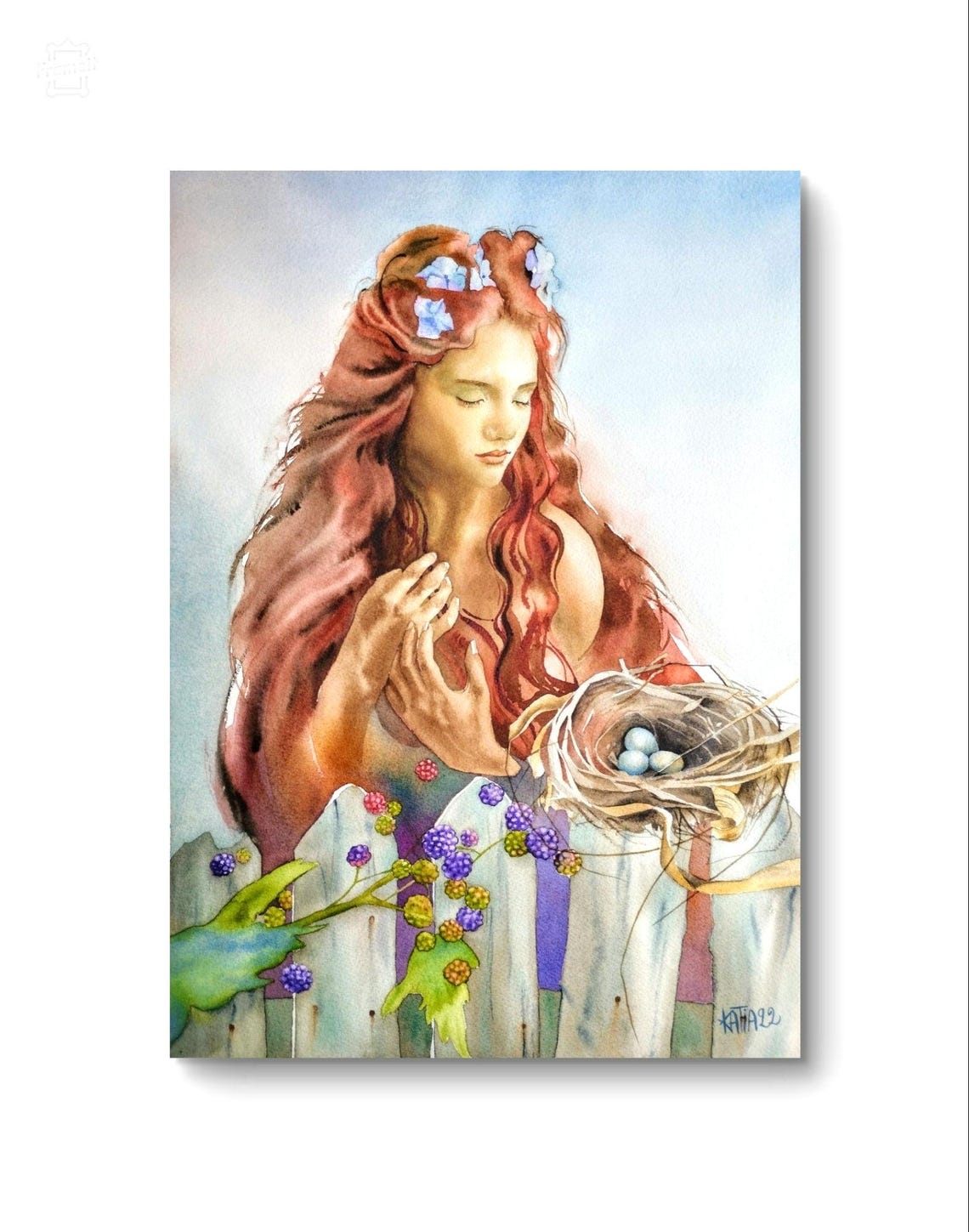 Painting Of Redhead Girl And Birds Nest Portrait Woman Goddess Of Fertility Mythology Original Watercolor Renaissance Style Wall Art