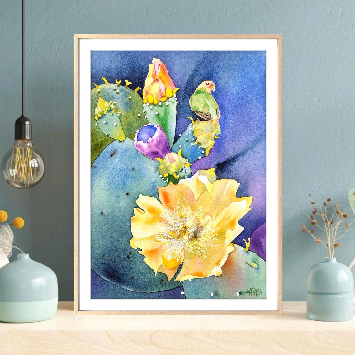 Exotic Bird On A Blooming Yellow Cactus Flower Watercolor Art Poster