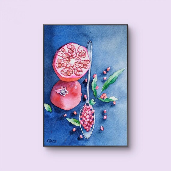 Pomegranate Painting Fruit Still Life Original Watercolor Red Fruits Pomegranates In Silver Spoon Wall Art Handmade