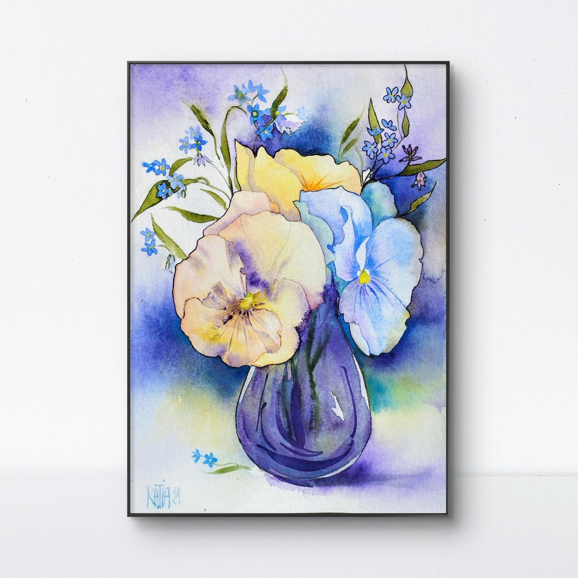 Painting Of Flowers In A Vase Bouquet Of Blue Yellow Spring Pansy And Forget Me Not Flowers Original Watercolor Wall Art Handmade