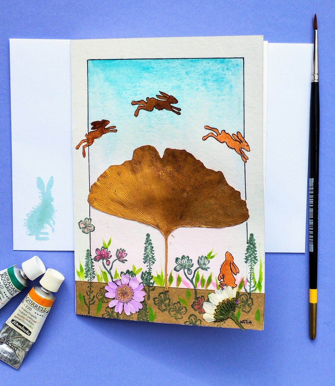 Golden Ginkgo Leaf With Leaping Hares Watercolor Nature Art Poster