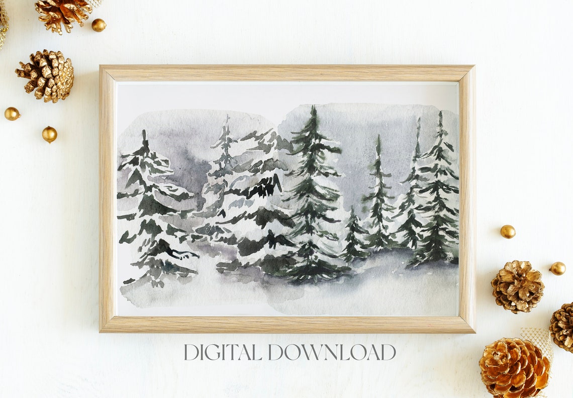 Snowy Pine Forest Winter Watercolor Trees Landscape Decor Poster - Image 2