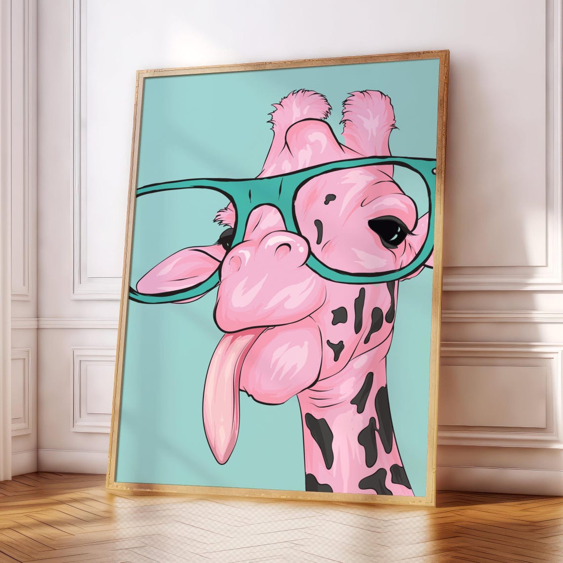 Pink Giraffe Wearing Glasses Funny Cartoon Animal Nursery Poster