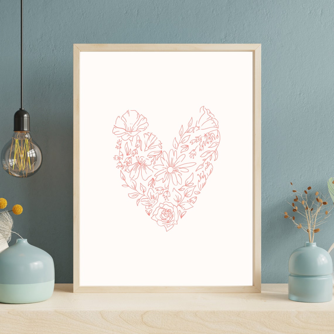 Floral Heart Line Art Print Romantic Red Flowers Love Wall Decor Gift - Image 3