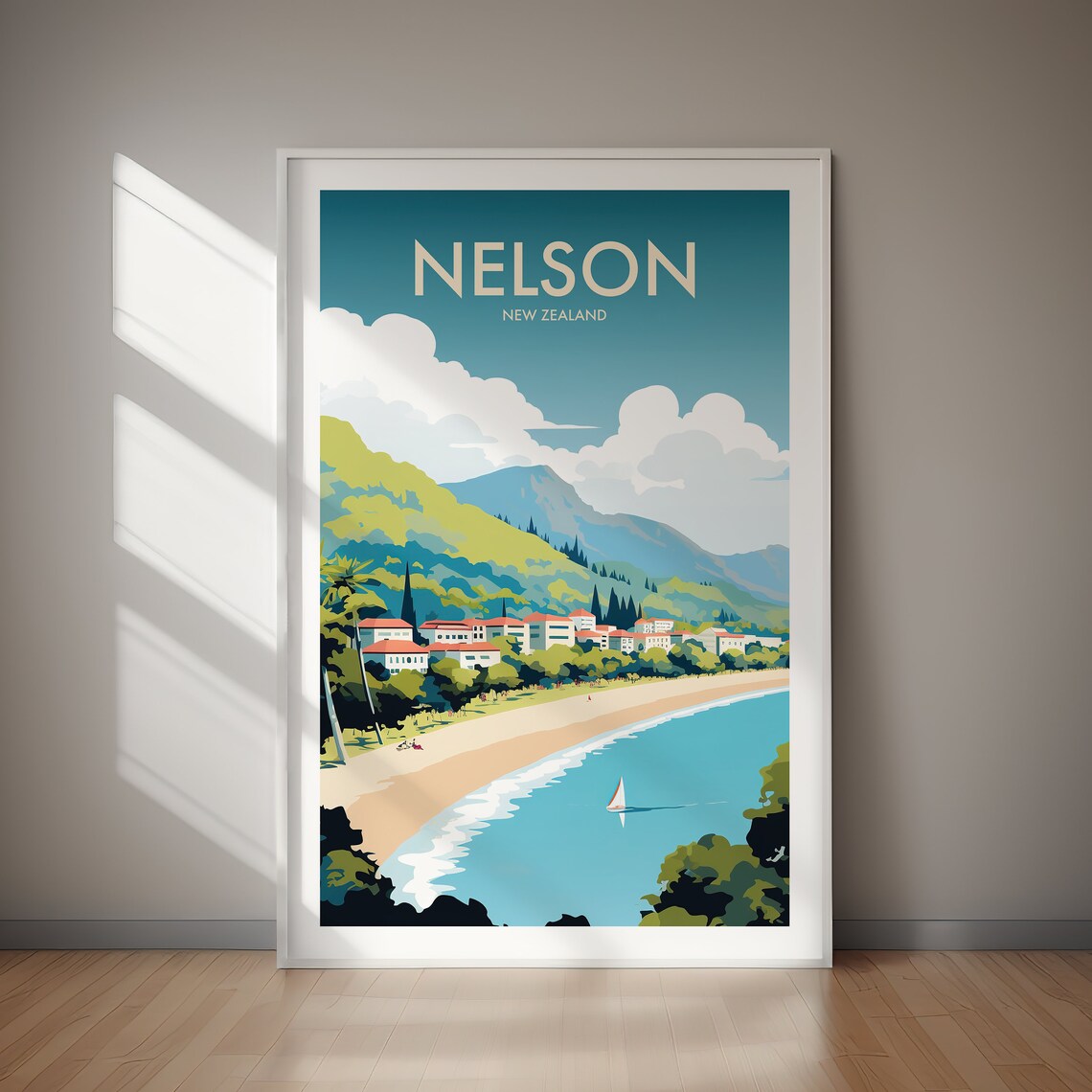 Nelson New Zealand Beach Sailboat Bay Hillside Town View Poster