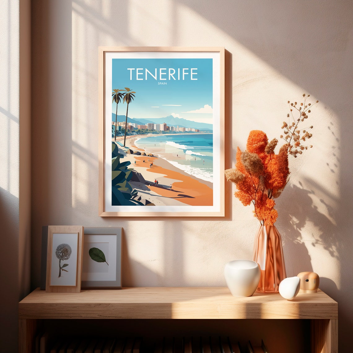 Tenerife Spain Golden Beach Palm Tree Coastal Scenic Art Poster - Image 2