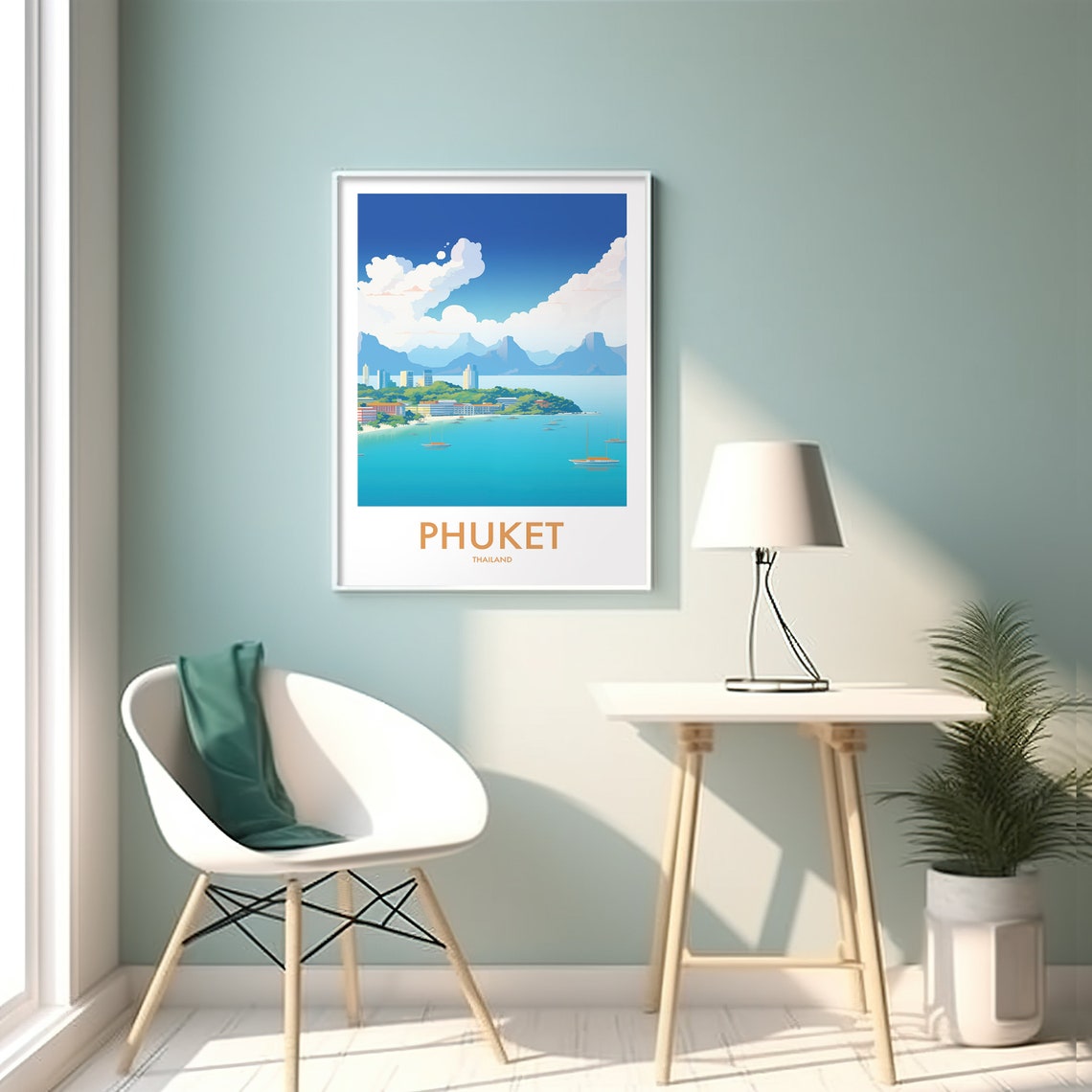 Phuket Thailand Turquoise Bay Sailboats Mountain View Poster - Image 2