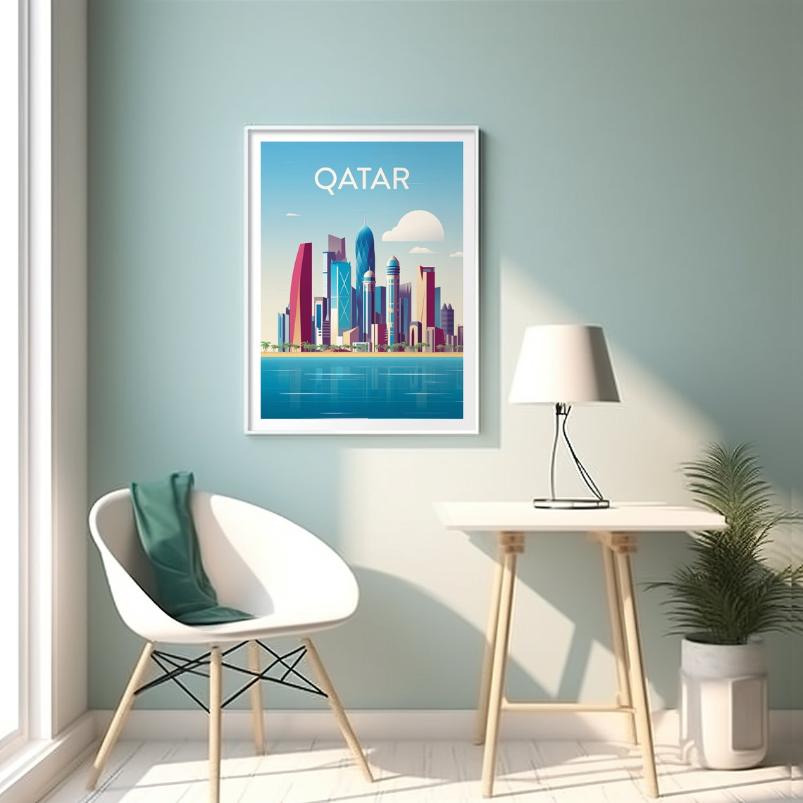 Qatar Colorful Modern Skyline Waterfront Retro Style Travel Poster