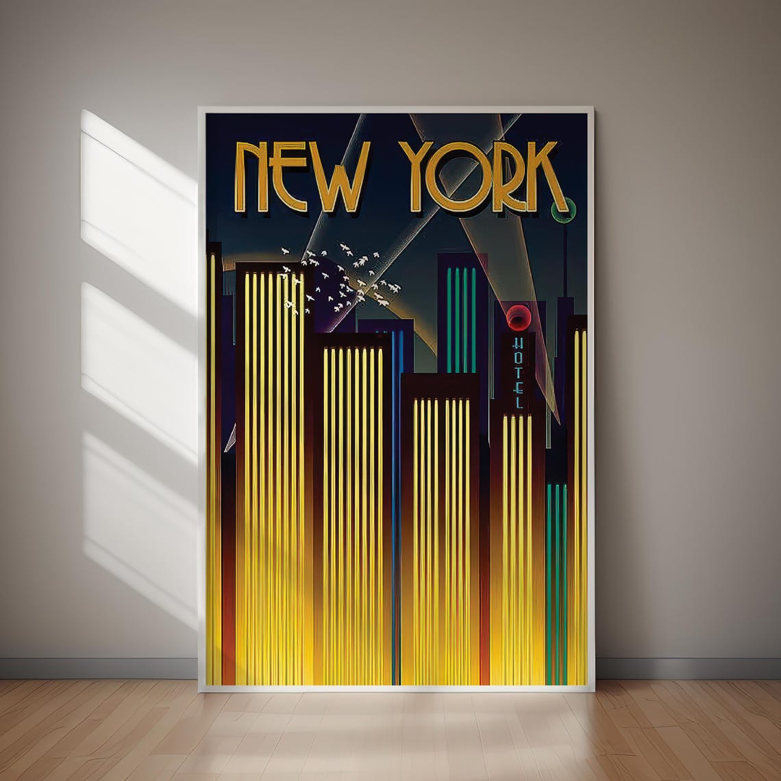 New York City Art Deco Night Skyline Gold Tower Vintage Poster