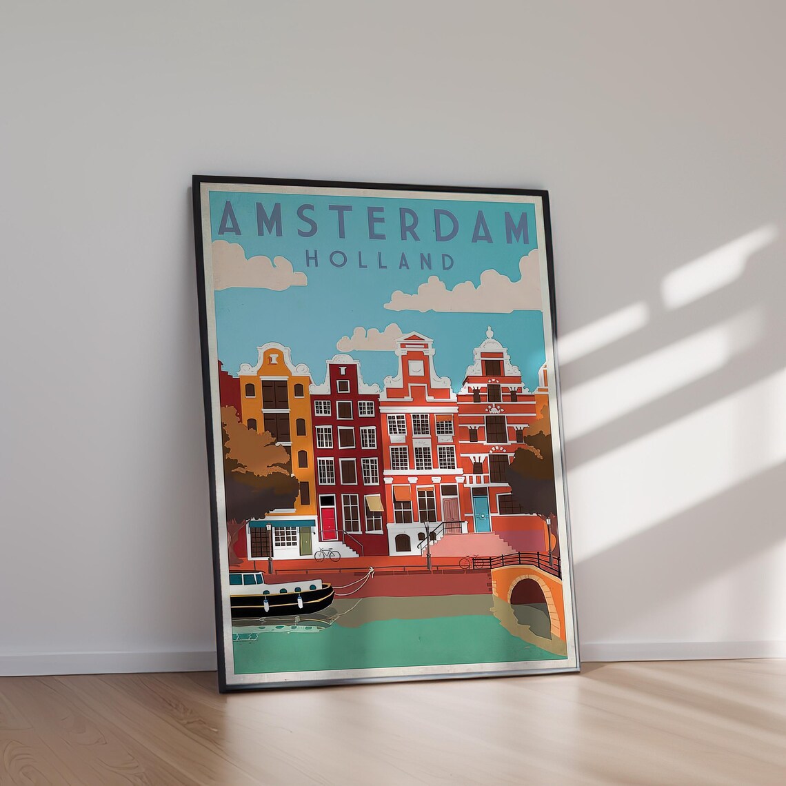 Amsterdam Holland Canal Houses Boat Bridge Vintage Travel Poster - Image 2