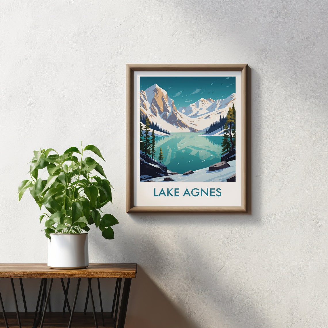 Lake Agnes Canada Snowy Peak Reflections Pine Forest Art Poster - Image 2