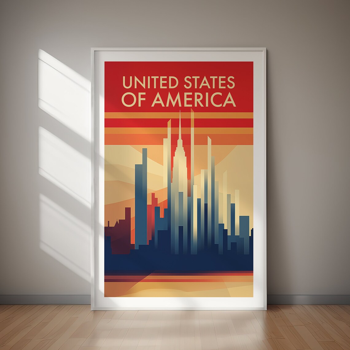 United States of America Retro Skyline Red Sunset Travel Poster