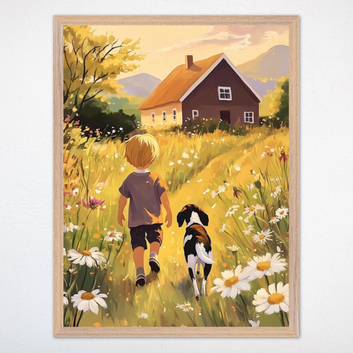 Boy And Dog Farmhouse Daisy Meadow Walk Rustic Nursery Art Poster