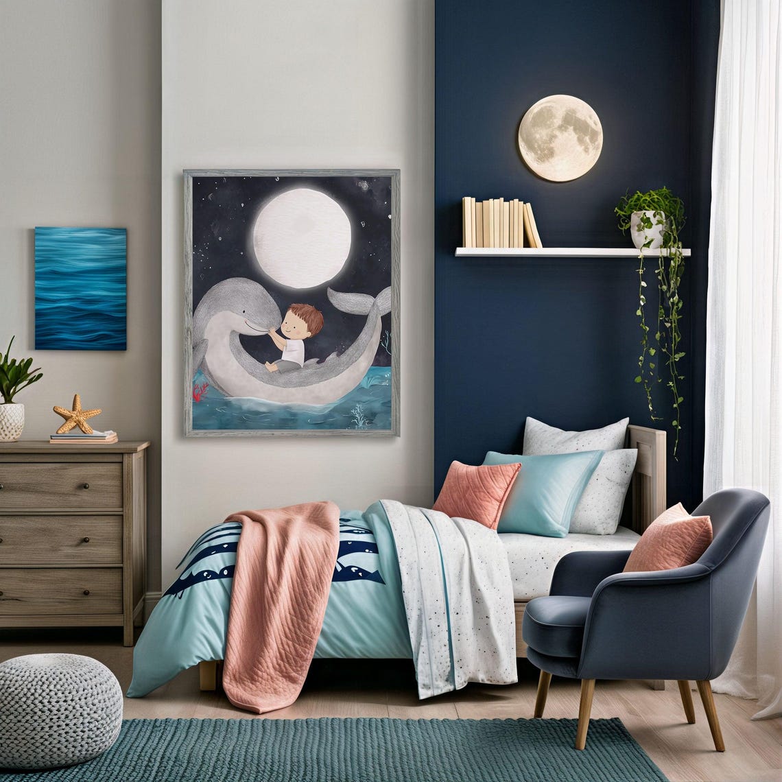 Affectionate Dolphin Nursery Decor, Ocean Moon Theme - Image 2