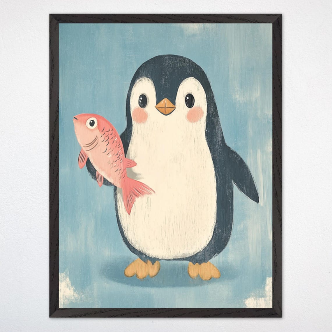 Cute Baby Penguin Holding a Pink Fish on Ice Blue Background Poster