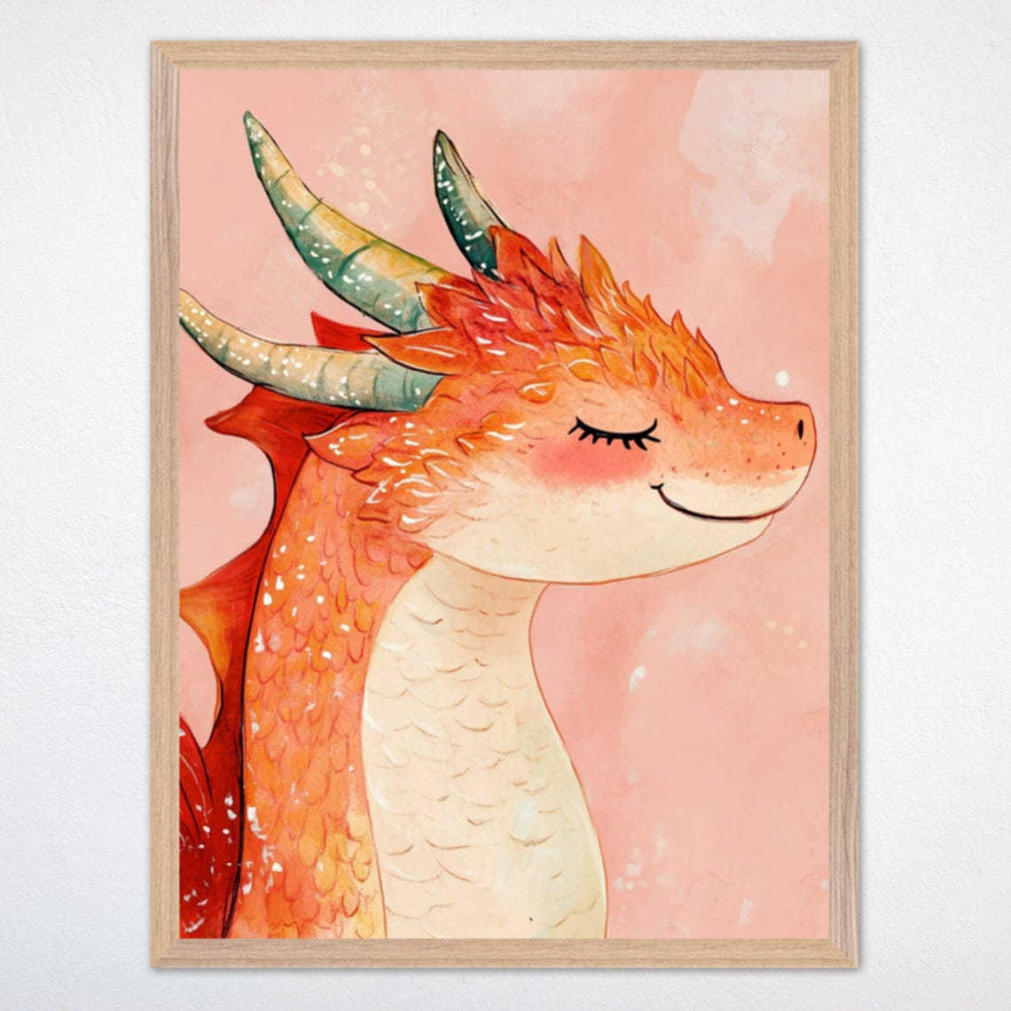Sleeping Baby Dragon Portrait in Soft Pink Watercolor Fantasy Poster