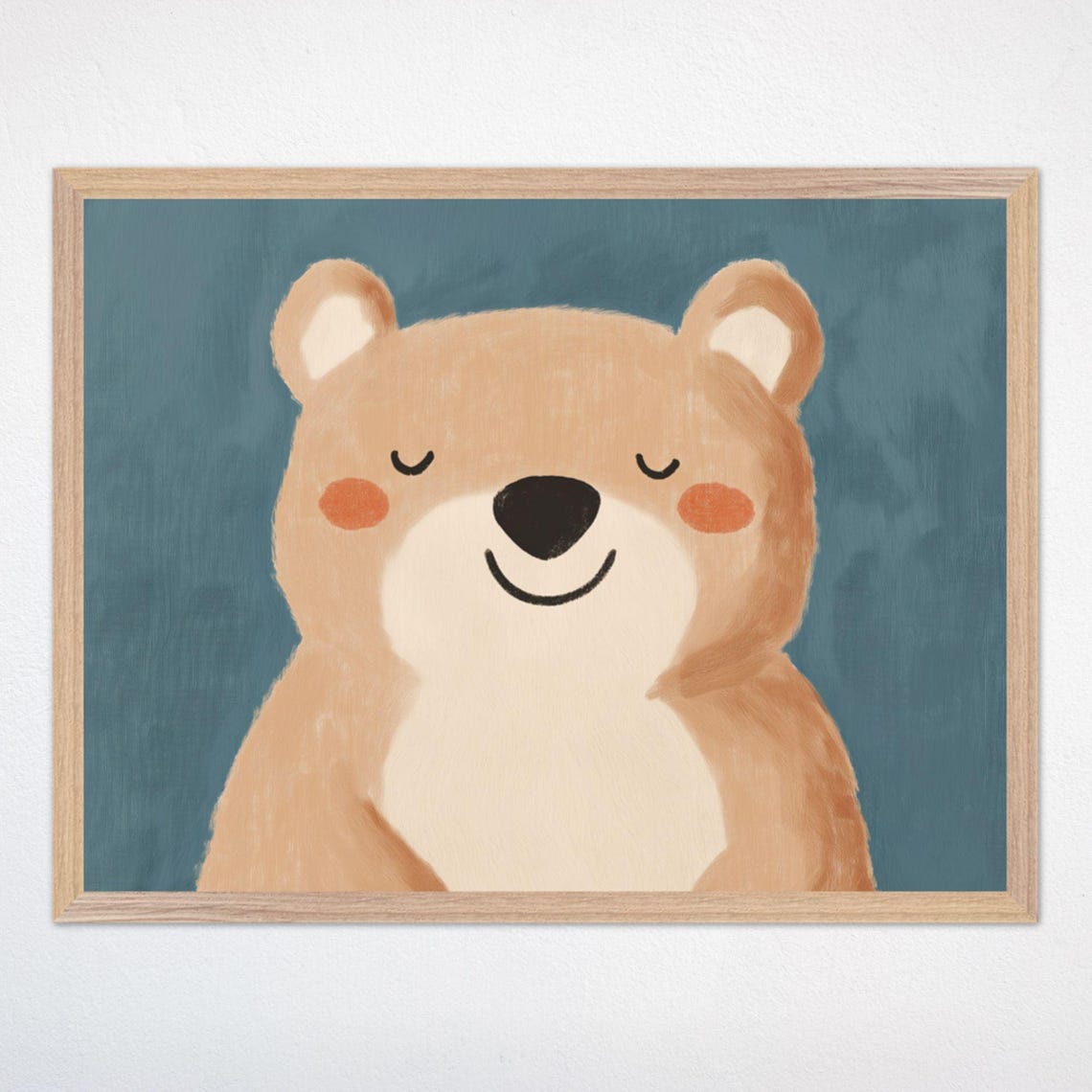 Sleepy Smiling Brown Bear Face Closeup Navy Blue Nursery Poster