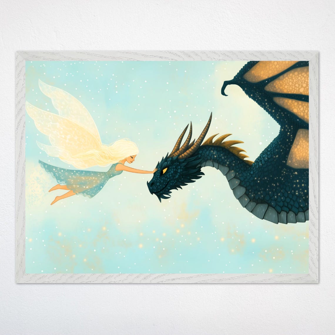 Fairy And Dragon Touching Noses In A Magical Sky Nursery Poster