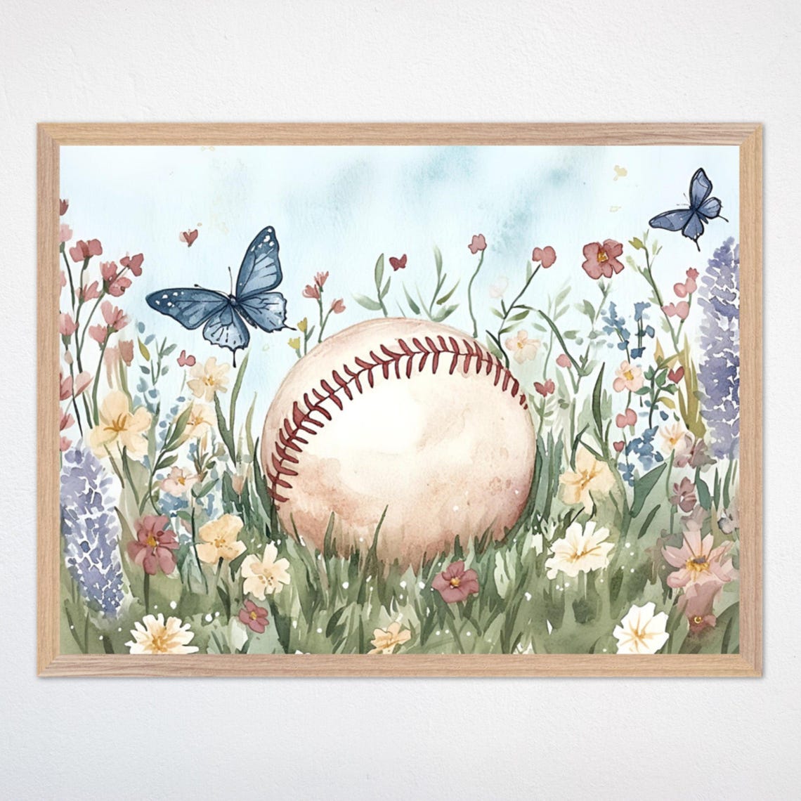 Baseball Resting Among Wildflowers with Blue Butterflies Art Poster
