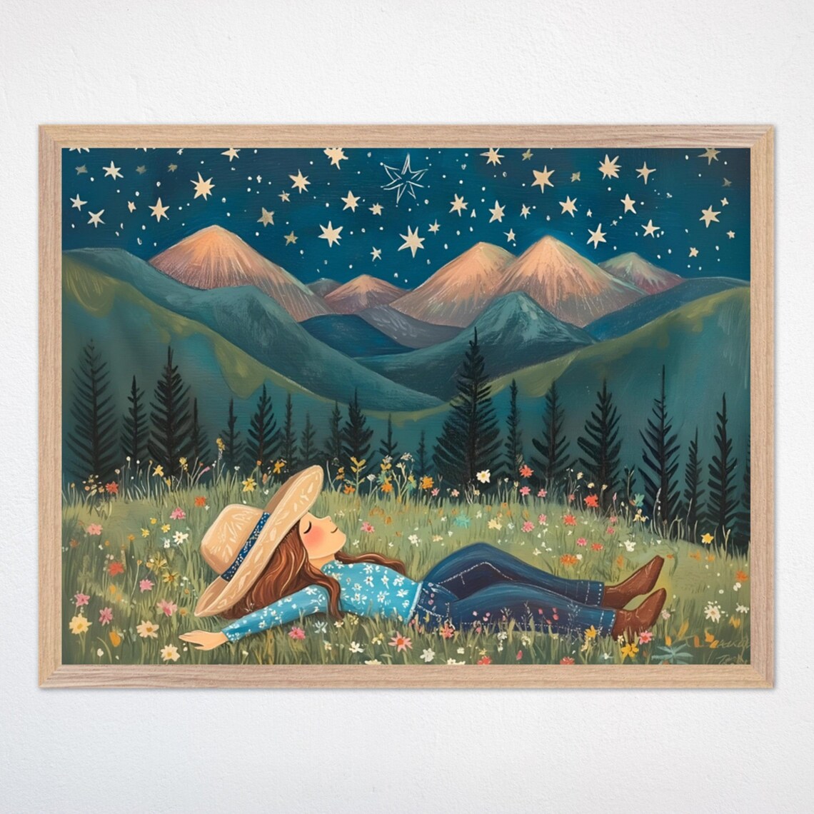 Cowgirl Lying In Wildflowers Under Starry Mountain Night Poster