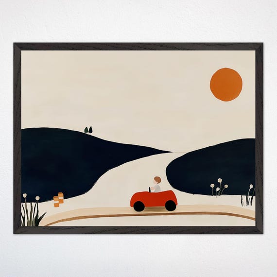 Car Wall Art Minimalist Kids Room Decor Red Car Sunset Neutral Nursery Poster