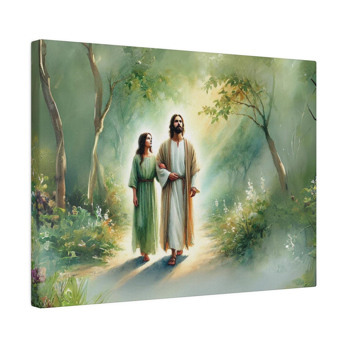 Jesus Walking With Woman Sunlit Forest Path Christian Poster