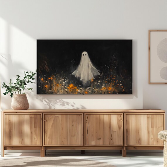 Cute Little Ghost Wildflower Field Starry Night Halloween Painting Poster
