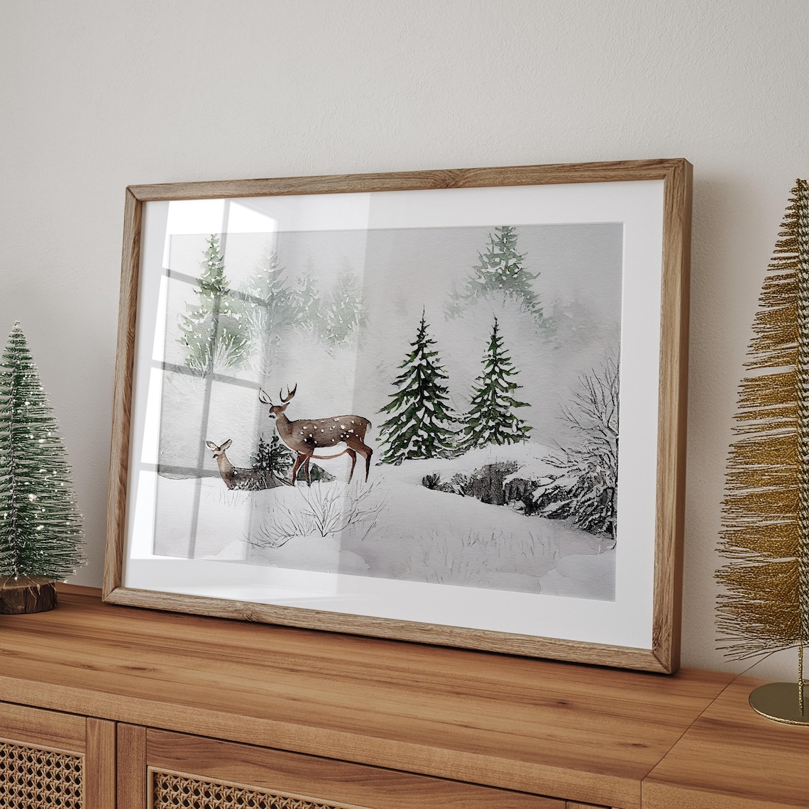 Watercolor Christmas Deer In Forest Art Print - Image 4