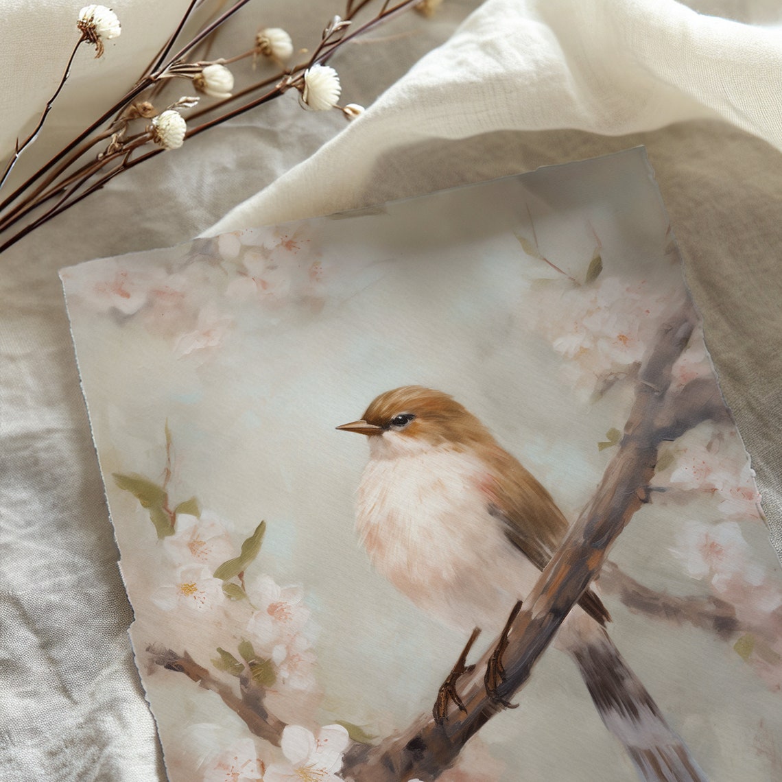 Songbird on Cherry Blossom Branch Soft Spring Watercolor Poster - Image 5