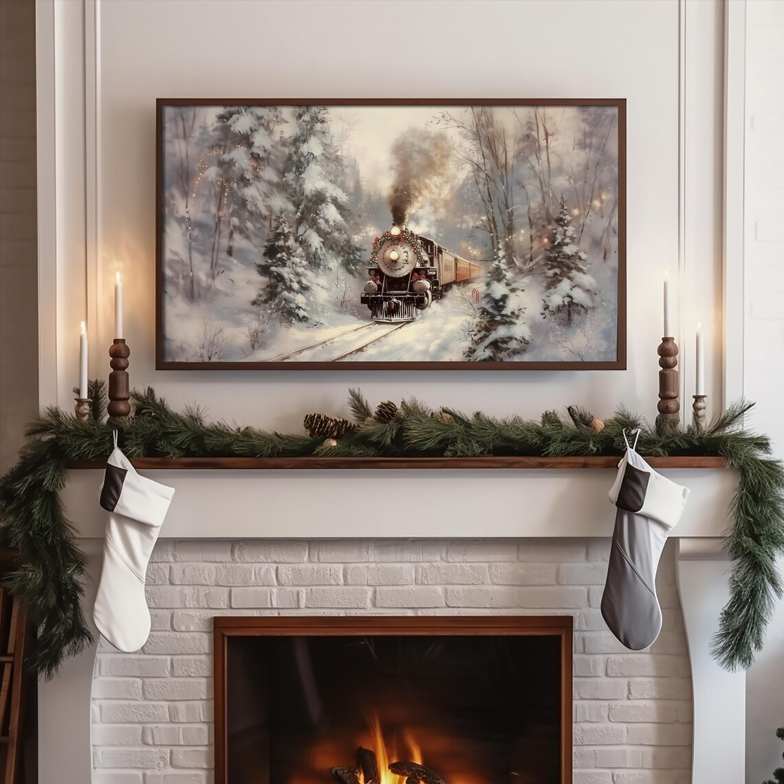 Winter Train Snowy Landscape Art Print, Holiday Seasonal - Image 4