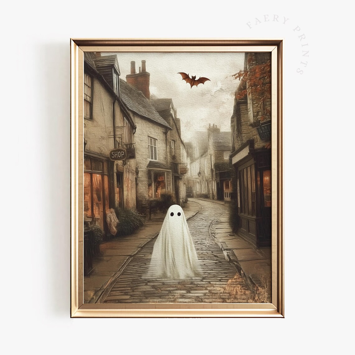 Halloween Haunted Town Vintage Oil Painting Art Print