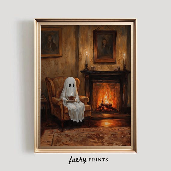 Ghost Drinking Tea Halloween Poster Print