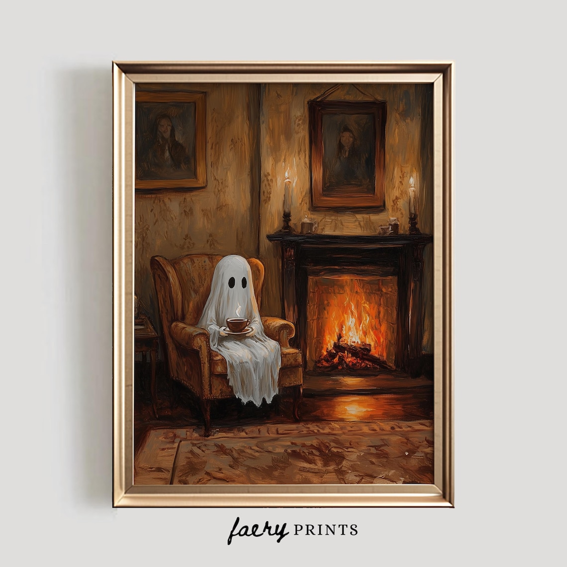 Ghost Drinking Tea Halloween Poster Print