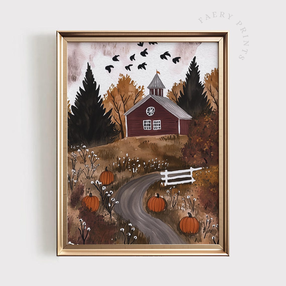 Pumpkin Patch Farm Art Red Barn With Pumpkins Wall Rustic Halloween Print Farmhouse Autumn Landscape 1459